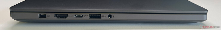Links: voeding, HDMI 2.1 FRL, USB-C 4.0 (40 GBit/s, DisplayPort ALT Mode 2.1, Power Delivery 3.0), USB-A 3.2 Gen 2 (10 GBit/s), 3,5-mm audio