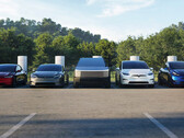 Model Y, Cybertruck, Model 3 en Model S/X in de rij bij een Supercharger-station. (Afbeeldingsbron: Tesla)