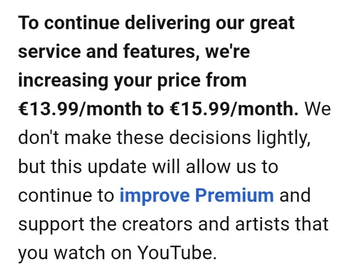 E-mail over de prijsverhoging van het individuele YouTube Premium-abonnement
