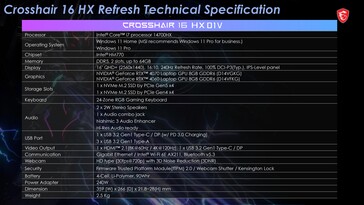 MSI Crosshair 16 HX - Specificaties. (Afbeelding bron: MSI)