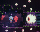 Celeste stoomdeal screebshot toont een personage in gevecht met een gigantische oogbal