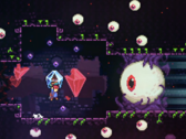 Celeste stoomdeal screebshot toont een personage in gevecht met een gigantische oogbal