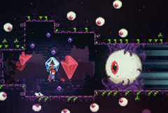Celeste stoomdeal screebshot toont een personage in gevecht met een gigantische oogbal