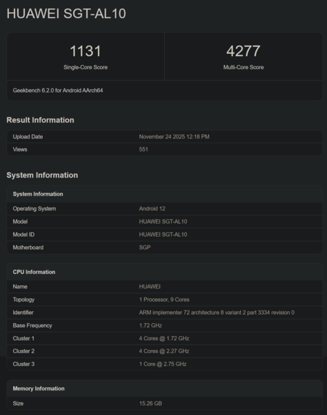 Kirin 9030 Geekbench debuut (beeldbron: Geekbench)