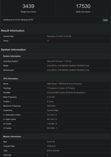 Ryzen 7 9850X3D Geekbench listing 2 (bron: Geekbench)