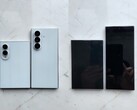 Vermeende gelekte ontwerpmodellen van de Galaxy, de Z Fold 8 (het bredere model) en de Fold 8 Ultra.