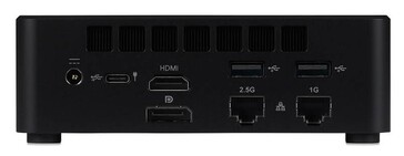 Achteraanzicht van de iiyama mini PC met HDMI-, DisplayPort-, USB-, Ethernet- en voedingsaansluitingen
