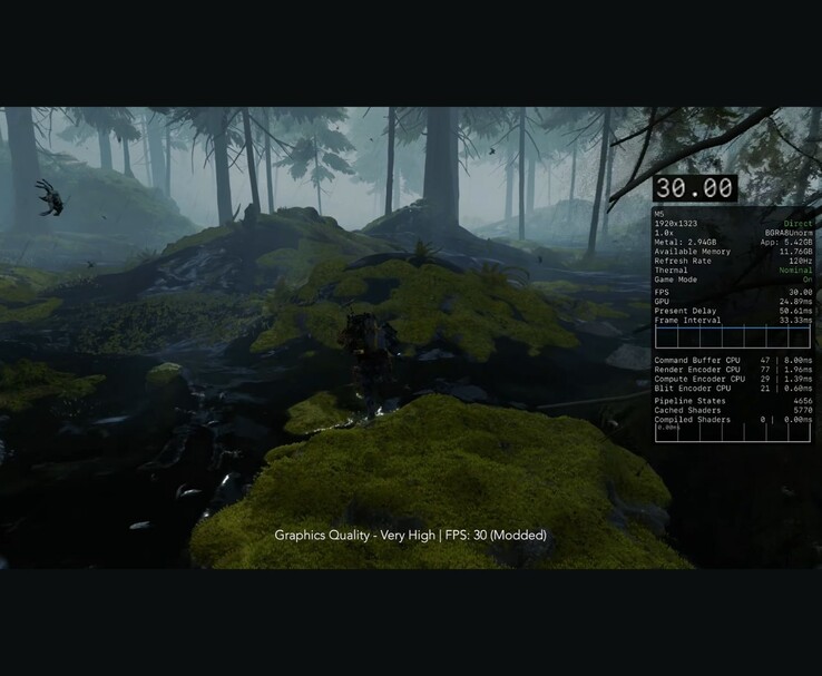 Death Stranding uitgevoerd op de iPad Pro M5 met zeer hoge grafische instellingen en 30 FPS. (Afbeelding bron: MrMacRight via YouTube)