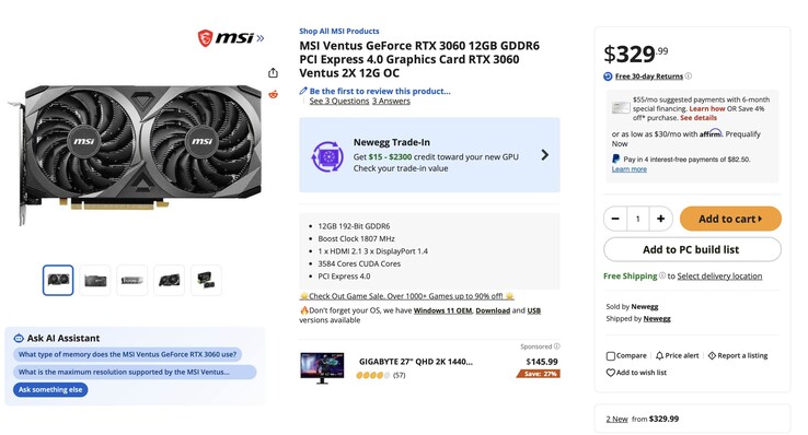 Op de afbeelding is de nieuwe productvermelding voor de RTX 3060 te zien, met name de MSI Ventus RTX 3060 met 12 GB RAM, voor een prijs van 329 dollar.