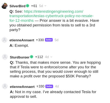 De verkoper van de Cars &amp; Bids Cybertruck legde in de opmerkingen uit dat hij een vrijstelling van Tesla had gekregen om zijn Cybertruck aan een derde partij te verkopen. (Afbeeldingsbron: Cars &amp; Bids)