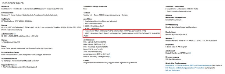 Waarom wordt Thunderbolt 4 alleen gegeven aan SKU's vanaf RTX 4070 (bron: screenshot Dell website)?