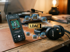 De smartphone streamt muziek in hoge resolutie naar de hoofdtelefoon