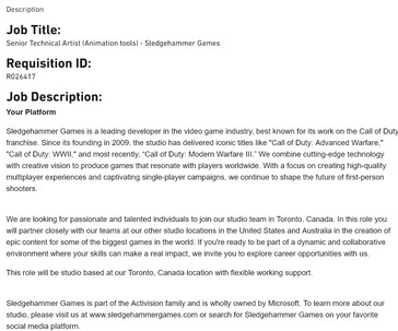 Call of Duty-vacature van Sledgehammer Games (Afbeelding bron: screenshot, Activision Careers)