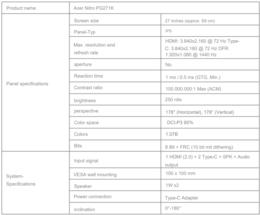 Specificaties van Nitro PG271K (Afbeelding bron: Acer - machine vertaald)