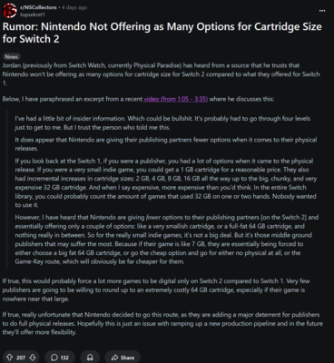 Switch 2 lek over cartridge-afmetingen (Afbeelding bron: screenshot, Nintendo Switch Game Collectors subreddit)