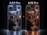 A20 Pro en A19 Pro naast elkaar getoond met gameplay van Resident Evil 4 Remake en prestatiestatistieken op het scherm