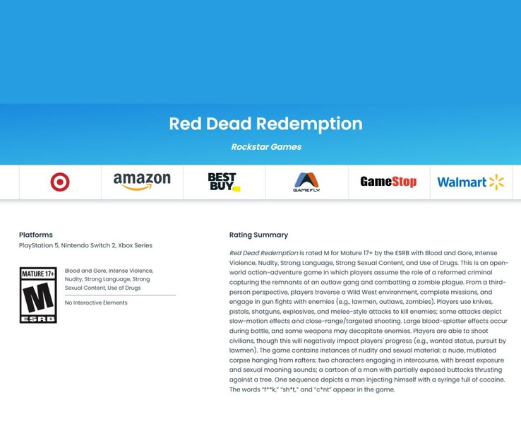 ESRB beoordelingspagina voor Red Dead Redemption met het label Mature 17+, vermelde platforms en een gedetailleerde inhoudsopgave (Afbeelding bron: ESRB)