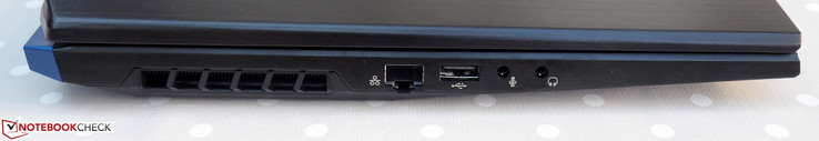 Links: RJ45-LAN, USB Type-A 2.0, microfoon, koptelefoon