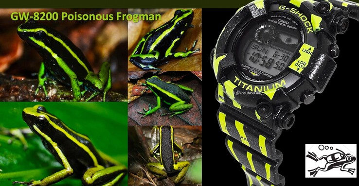Een mogelijk uitgelekte foto van het Casio Frogman GW-8200TPF Poison Dart Frog horloge (links). (Afbeeldingsbron: Kosutasu300 via Instagram)
