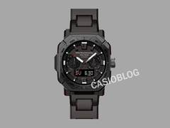 Het Casio Pro Trek x White Mountaineering PRW-B1000WM-1 collab horloge, afgebeeld met de Casioblog tekst tegen een grijze achtergrond. (Afbeeldingsbron: Casioblog)