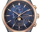 Close-up van het Citizen BY1036-53L Eco-Drive-horloge met maanfase, met een blauwe wijzerplaat, roségoudkleurige lunette, zwarte roestvrijstalen kast en een analoge maanfase-weergave op 6 uur