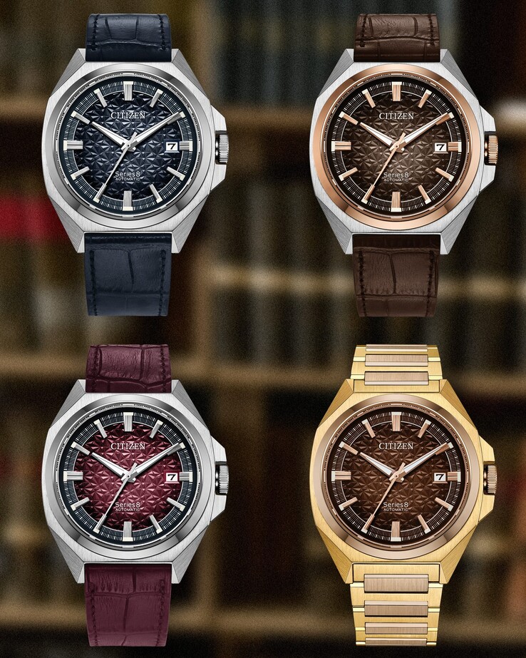 Van boven naar beneden: Citizen Series 8 831 automatische horloges in beperkte oplage, respectievelijk in marineblauw, bruin, wijnrood en gebrand oranje.