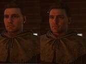 Een afbeelding rechts waarop een personagemodel van Henry in Kingdom Come: Deliverance 2 te zien is, nadat DLSS 5 is geïmplementeerd