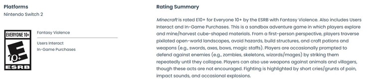 ESRB-beoordeling voor de Switch 2-port van Minecraft.
