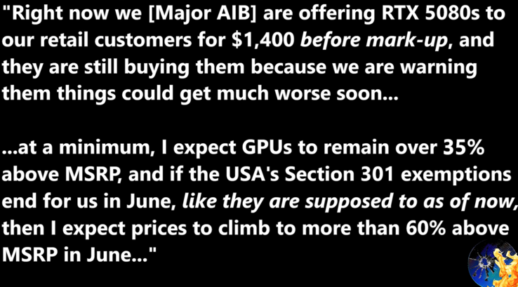 RTX 5080 mogelijke prijsverhoging gelekt. (Afbeeldingsbron: Moore's Law Is Dead)
