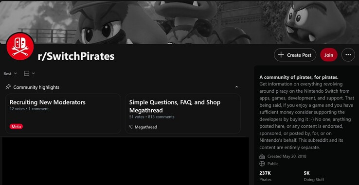 Switch-piraterij subreddit wordt weergegeven (Afbeeldingsbron: screenshot, r/SwitchPirates)