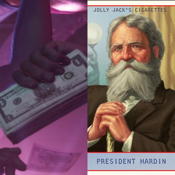Afbeelding van het geld in GTA 6 uit Trailer 2 naast President Hardin. (Afbeelding bron: Synth Potato op X)