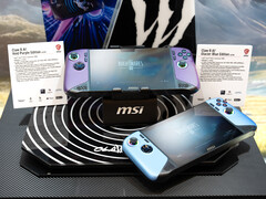 MSI's nieuwe Glacier Blue en Void Purple versies van de bestaande Claw 8 AI+ te zien op CES 2026 in Las Vegas. (Afbeeldingsbron: MSI)