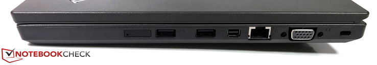 rechts: SIM-kaartsleuf, 2 USB 3.0 Type-A-poorten, één Mini DisplayPort-output, Ethernet-poort, VGA-poort, Kensington Lock