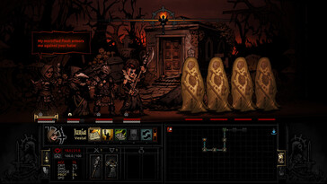 Een afbeelding van een gevecht tegen meerdere vijanden in Darkest Dungeon.