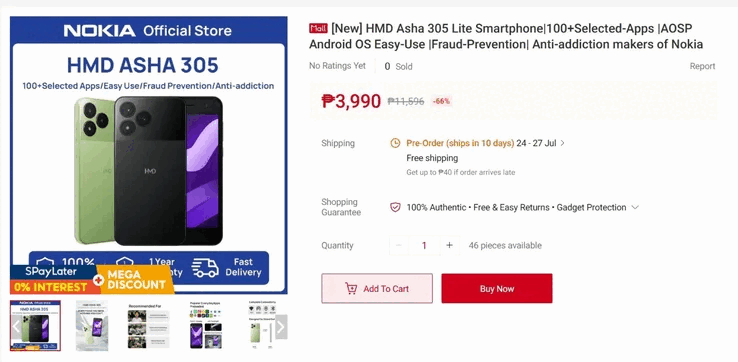 De telefoon staat al te koop bij een winkel in de Filipijnen voor 3.990 PHP (ongeveer 65 dollar).