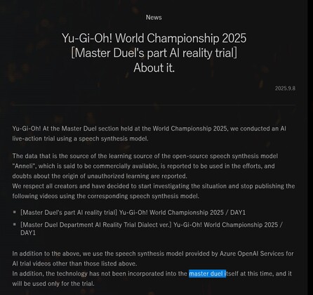 Verklaring van Konami over Yu-Gi-Oh! Wereldkampioenschap AI-stemopnamen (bron: screenshot, Hibiku Yamamura X-account)