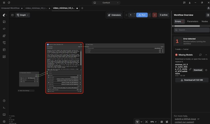 Het eenvoudigste geval, tekst-naar-video: één knooppunt voor het selecteren van de resolutie, gevolgd door het hoofdknooppunt met de video-AI en ten slotte de video-uitvoer, inclusief het formaat