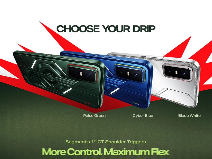 De Infinix GT 30 is verkrijgbaar in de kleuropties shadow ash, blade white, cyber blue en pulse green (Afbeelding bron: Infinix)