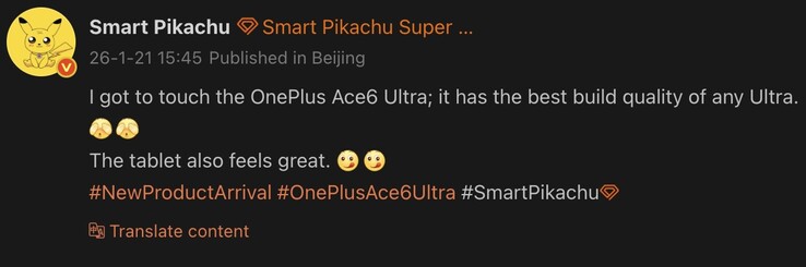 OnePlus Ace 6 Ultra lek van tipster Smart Pikachu. (Afbeeldingsbron: Weibo - machine vertaald)