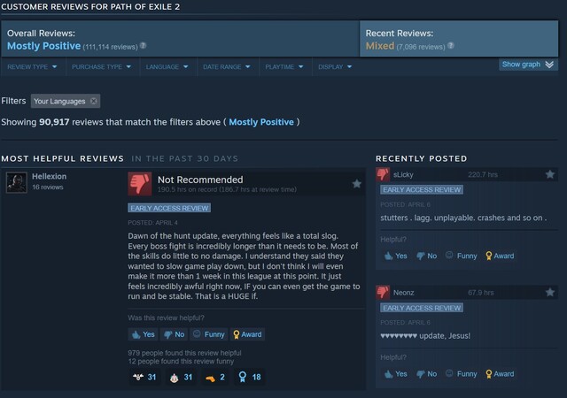 Path of Exile 2 recente Steam-beoordelingen (screenshot, Steam)