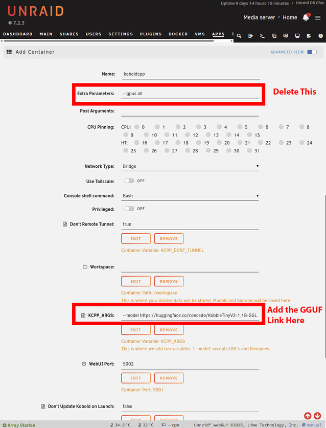 De Unraid docker template vereist slechts 2 wijzigingen om te beginnen. Als u zonder GPU draait, verwijder dan de GPU vlag, en plak de link naar het GGUF bestand van Huggingface