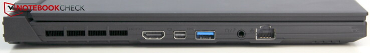 Links: HDMI, miniDP 1.4, USB-A 3.0, hoofdtelefoonaansluiting, LAN