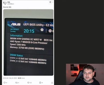 BIOS-schermopname die naar verluidt een AMD Ryzen 7 9850X3D-systeem toont met 32 GB DDR5-9800-geheugen, gedeeld door het X-account @9550pro (Afbeeldingsbron: @9550pro / X)