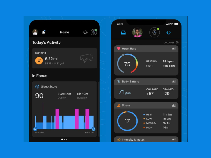 Screenshots waarin de nieuwe (links) en oude (rechts) versies van het beginscherm van de Garmin Connect app worden vergeleken. (Afbeelding bron: Garmin)