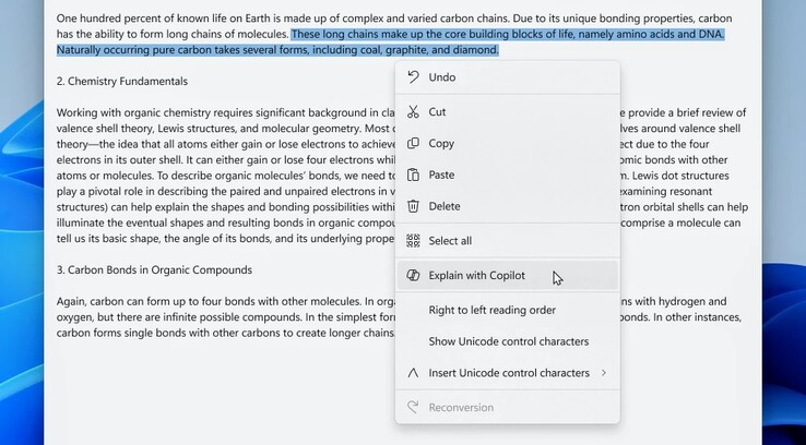 Schermafbeelding van Kladblok versie 11.2401.25.0 . Copilot kan direct vanuit het contextmenu worden geactiveerd. (Windows blog)