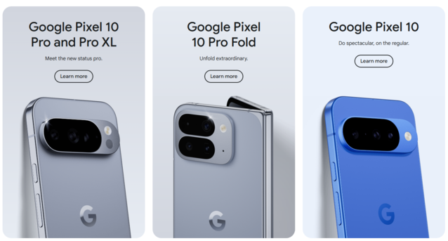 De Pixel 10-serie. Met uitzondering van de vouw zijn de standaard Pixel 10 en kleinere 10 Pro vrijwel identiek qua bouw en specificaties, maar ze hebben een prijsverschil van $200 (Afbeelding Bron: Google)