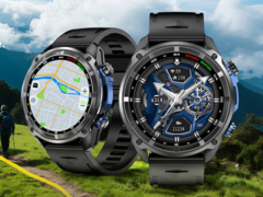 De Rogbid GeoX1 smartwatch (twee van zulke horloges die verschillende dingen weergeven afgebeeld) heeft een 1,43-inch AMOLED-display. (Afbeeldingsbron: Rogbid)