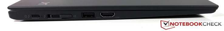Linkerkant: USB Type-C Thunderbolt 3 x2, Dock aansluiting (geïntegeerd met tweede USB Type-C poort), USB Type-A 3.0, HDMI 1.4b