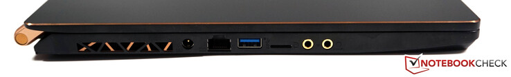 Links: vermogen, RJ45 LAN, USB-A 3.2 Gen2, microSD, microfoon, koptelefoon