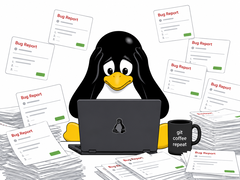 Een Tux-stijl pinguïn overweldigd door AI-gegenereerde bugrapporten die de werkruimte van een Linux-ontwikkelaar overspoelen.